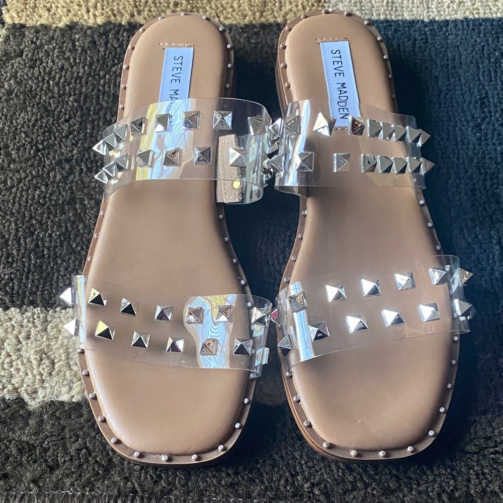 Steve Madden Clear and Tan Studded Sandals